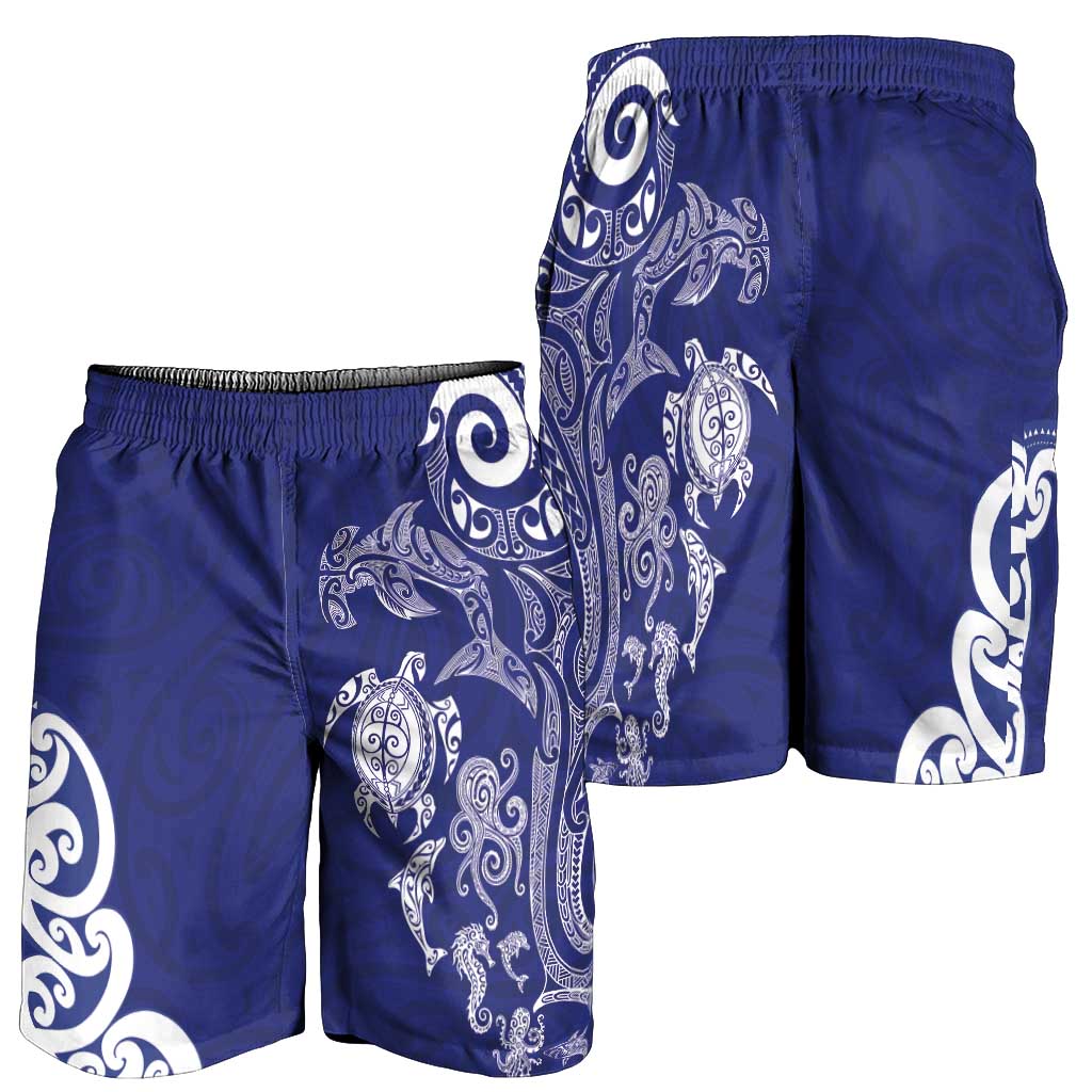 New Zealand Sea Animals with Maori Tribal Tattoo Shorts for Men Blue Color LT03 - Polynesian Pride