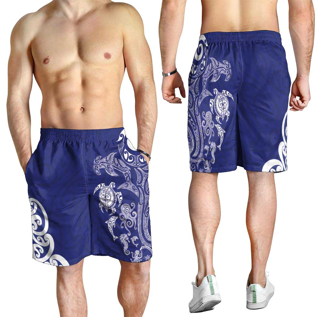 New Zealand Sea Animals with Maori Tribal Tattoo Shorts for Men Blue Color LT03 - Polynesian Pride