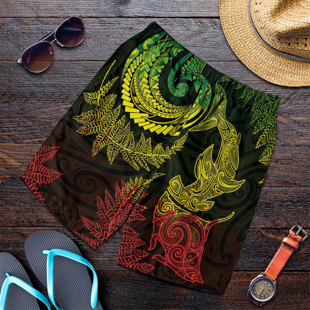 New Zealand Sea Animals with Maori Tribal Tattoo Shorts for Men Shark Manta Ray with Silver Fern Reggae LT03 Reggae - Polynesian Pride