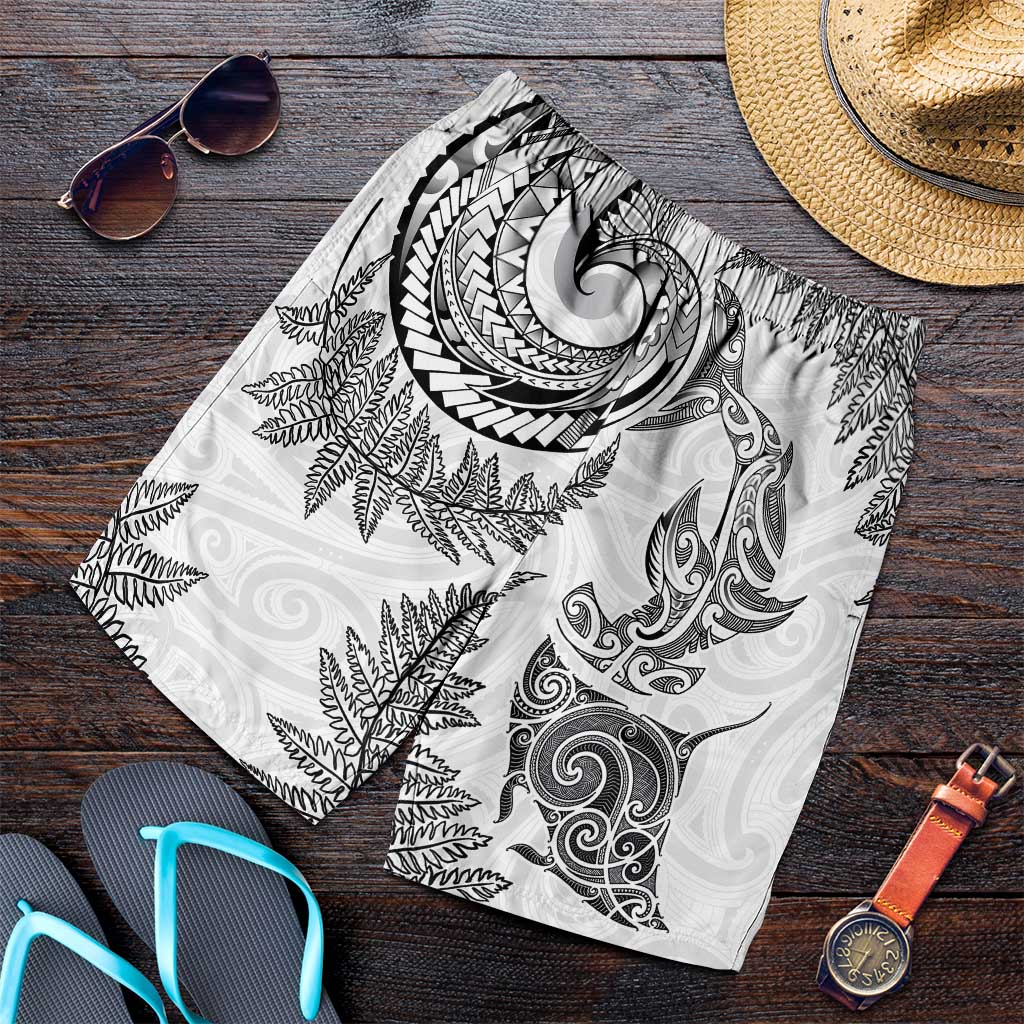 New Zealand Sea Animals with Maori Tribal Tattoo Shorts for Men Shark Manta Ray with Silver Fern White LT03 White - Polynesian Pride