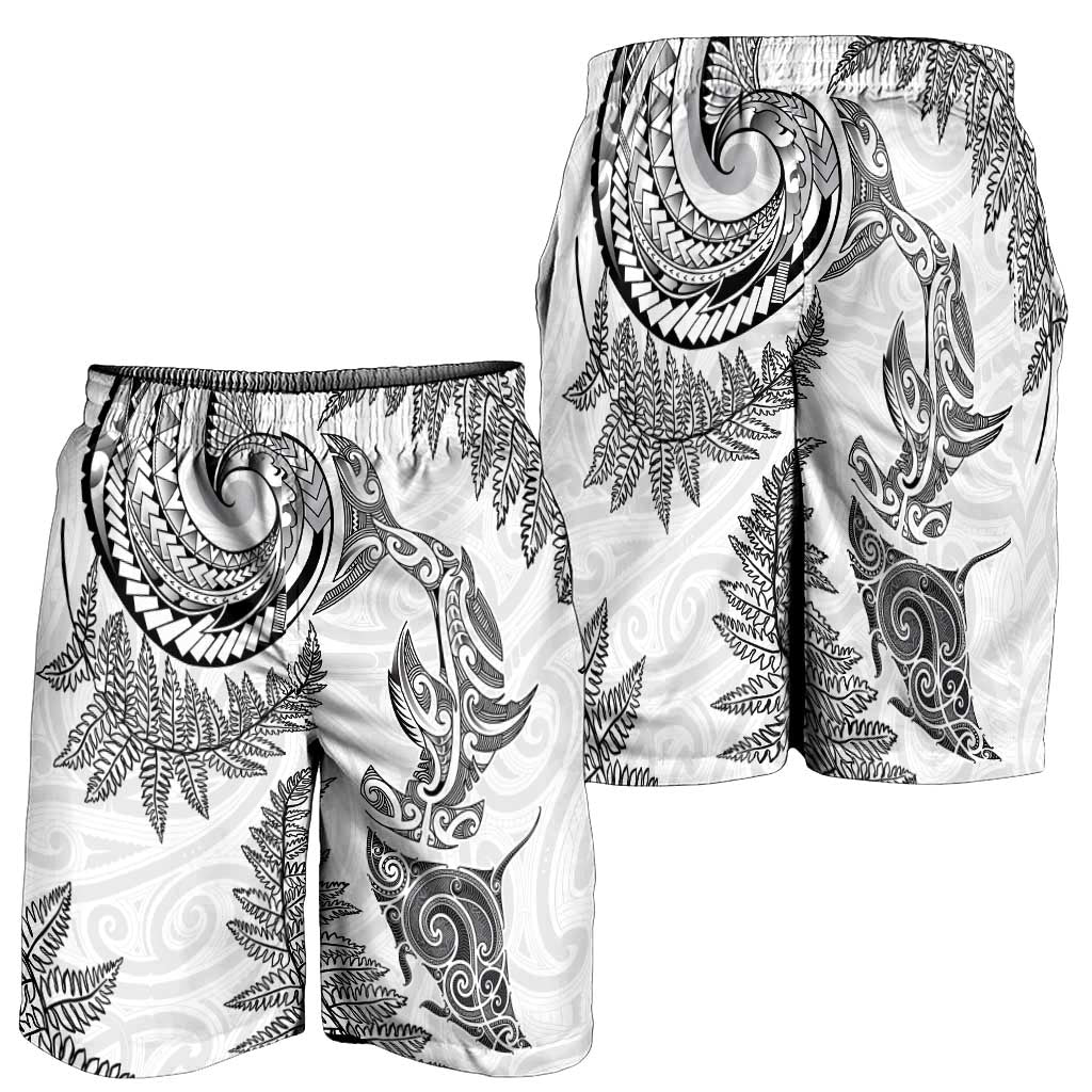 New Zealand Sea Animals with Maori Tribal Tattoo Shorts for Men Shark Manta Ray with Silver Fern White LT03 - Polynesian Pride