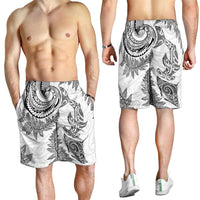 New Zealand Sea Animals with Maori Tribal Tattoo Shorts for Men Shark Manta Ray with Silver Fern White LT03 - Polynesian Pride