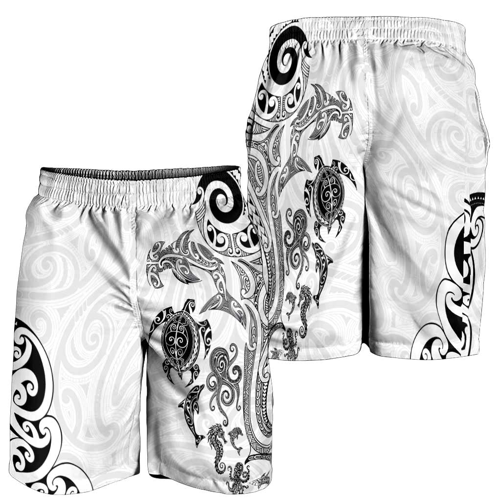 New Zealand Sea Animals with Maori Tribal Tattoo Shorts for Men White Color LT03 - Polynesian Pride