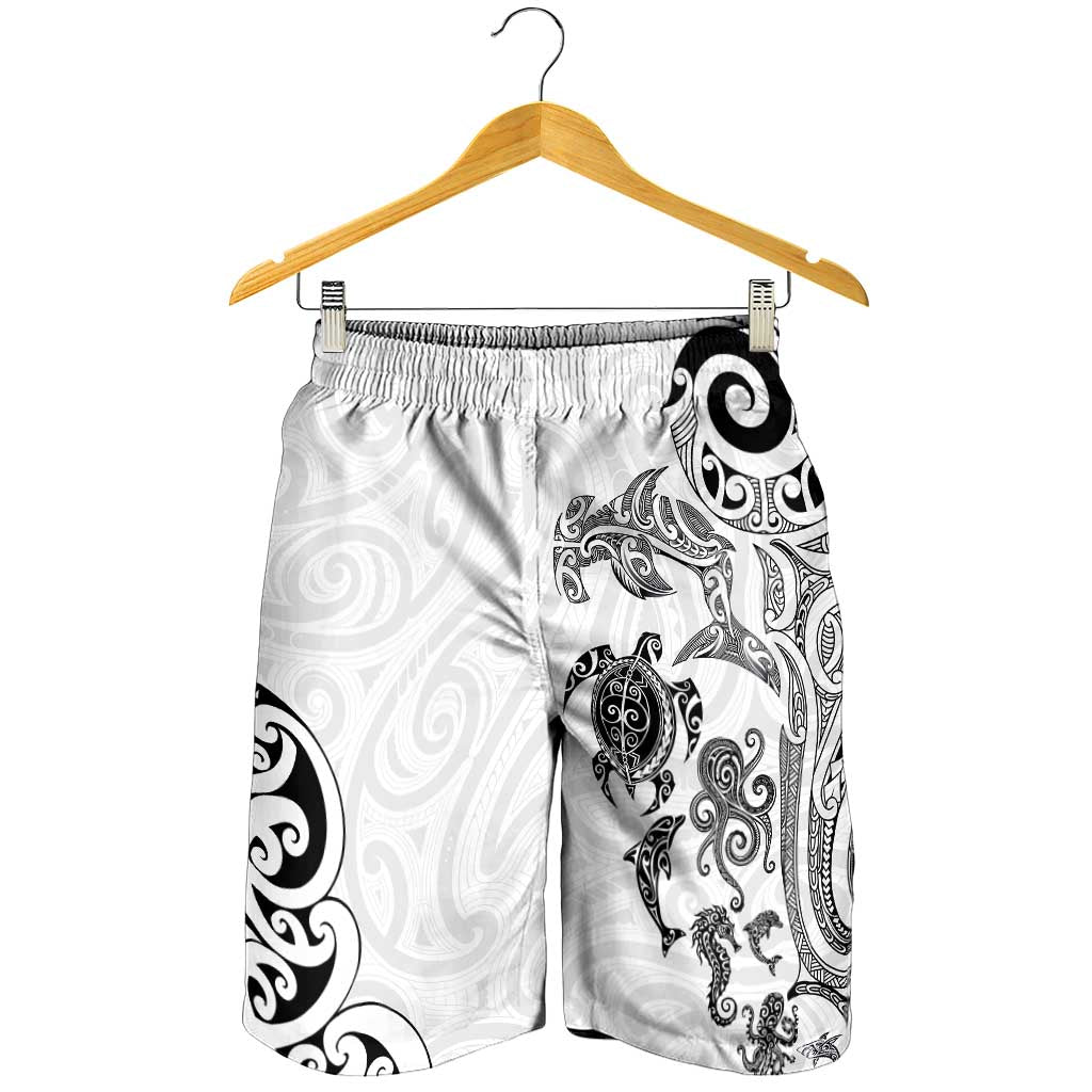 New Zealand Sea Animals with Maori Tribal Tattoo Shorts for Men White Color LT03 - Polynesian Pride