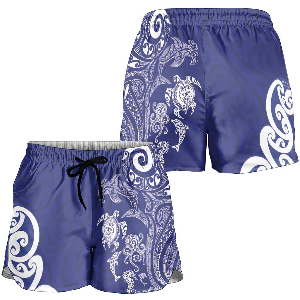 New Zealand Sea Animals with Maori Tribal Tattoo Shorts for Women Blue Color LT03 - Polynesian Pride
