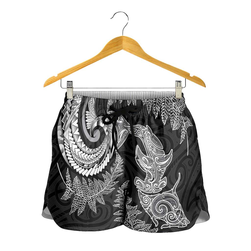 New Zealand Sea Animals with Maori Tribal Tattoo Shorts for Women Shark Manta Ray with Silver Fern Black LT03 - Polynesian Pride