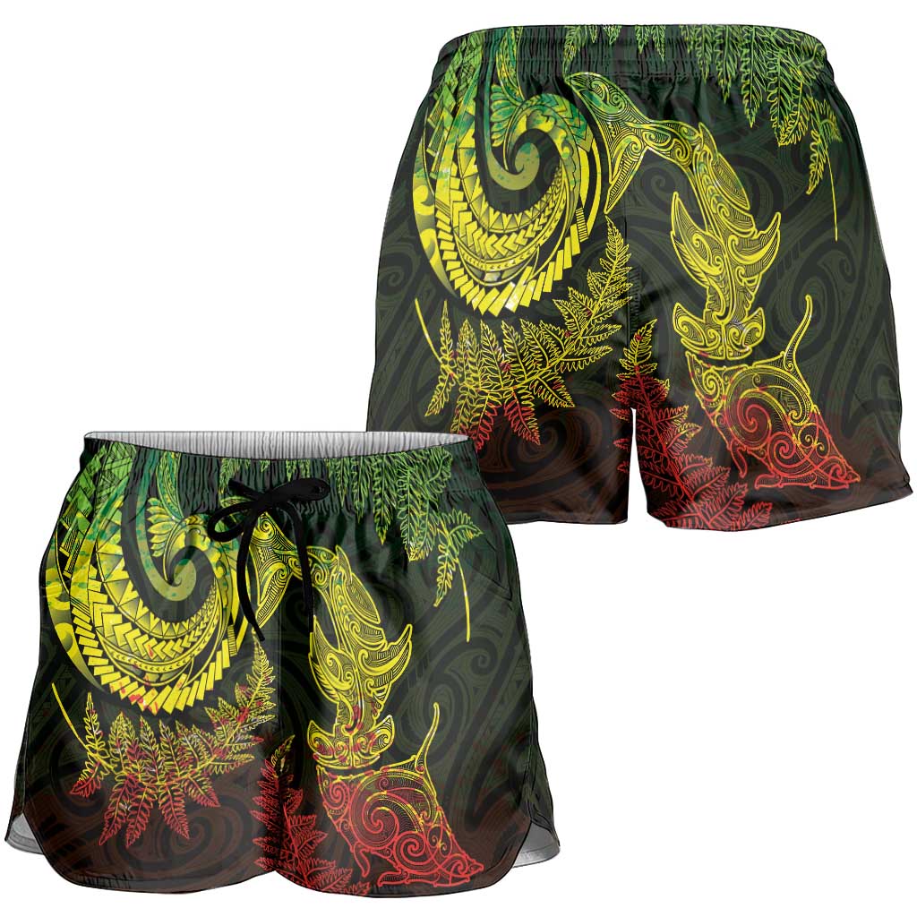 New Zealand Sea Animals with Maori Tribal Tattoo Shorts for Women Shark Manta Ray with Silver Fern Reggae LT03 - Polynesian Pride