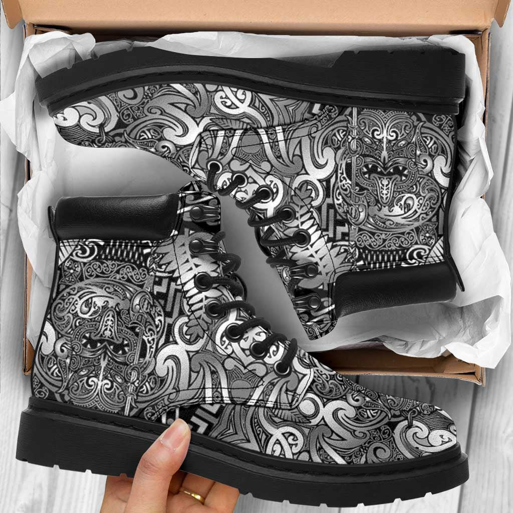 New Zealand Taiaha Maori All Season Boots Kiwikiwi Minimalist Silver Fern Tukutuku Motif LT9 White - Polynesian Pride
