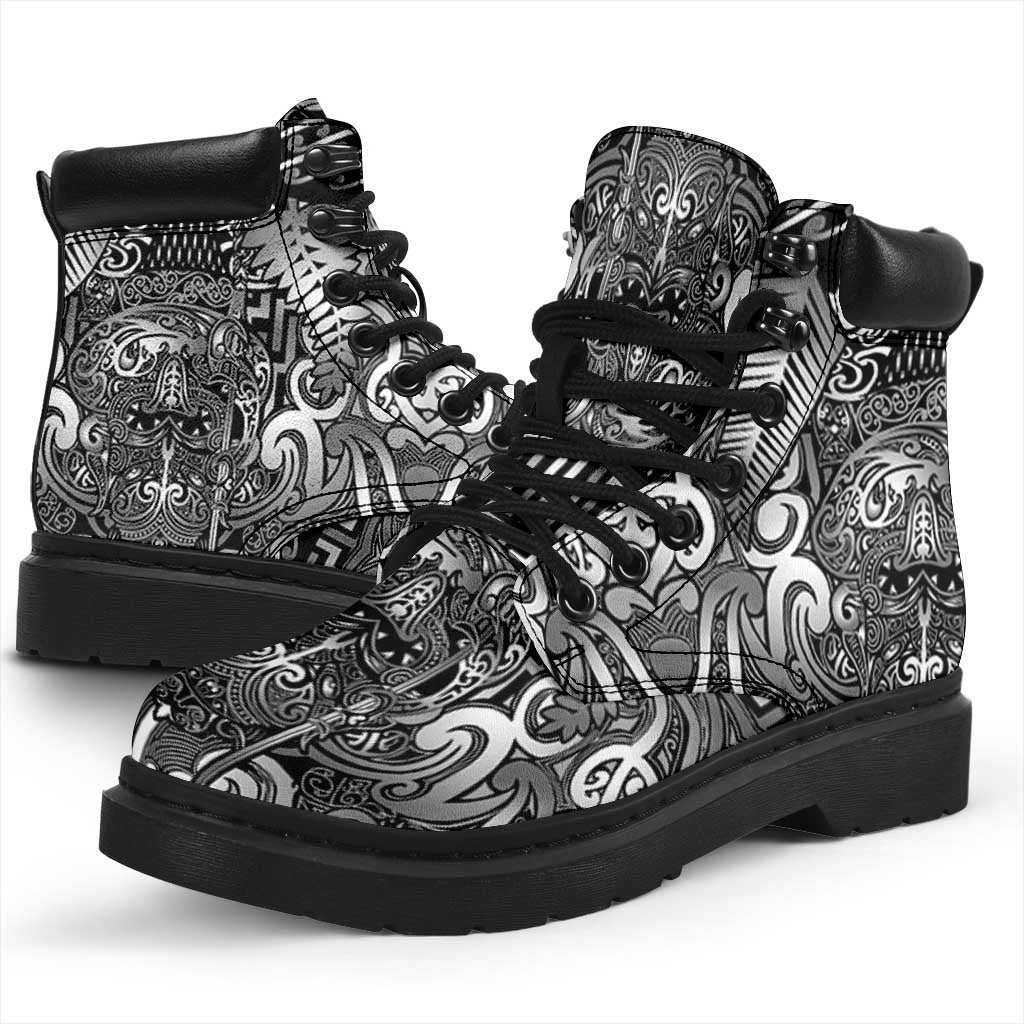 New Zealand Taiaha Maori All Season Boots Kiwikiwi Minimalist Silver Fern Tukutuku Motif LT9 - Polynesian Pride