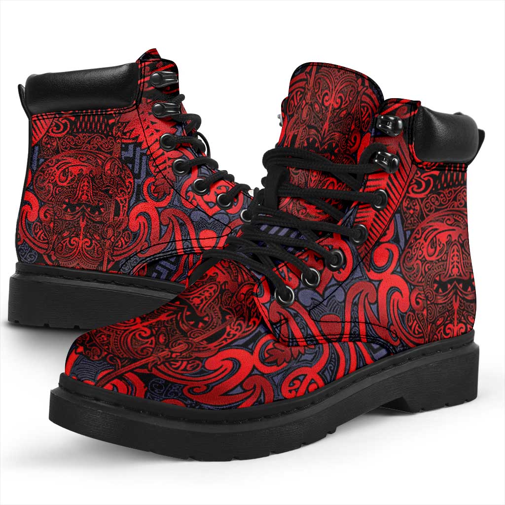 New Zealand Taiaha Maori All Season Boots Whero Minimalist Silver Fern Tukutuku Motif LT9 - Polynesian Pride