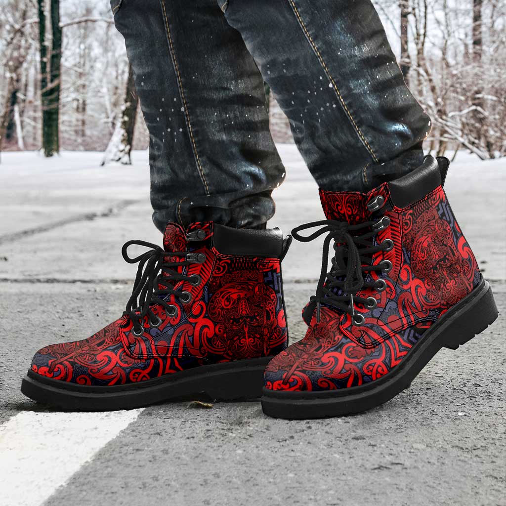New Zealand Taiaha Maori All Season Boots Whero Minimalist Silver Fern Tukutuku Motif LT9 - Polynesian Pride