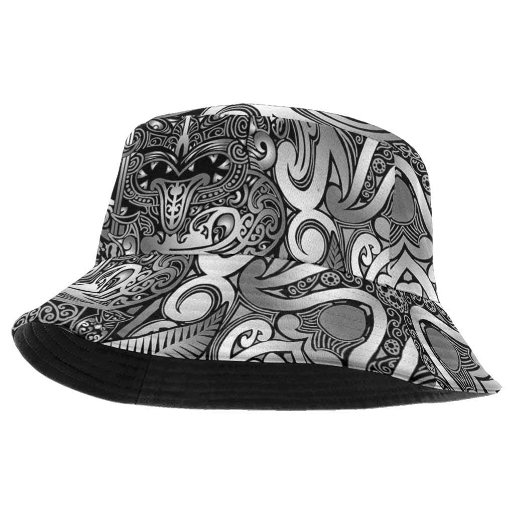 New Zealand Taiaha Maori Bucket Hat Kiwikiwi Minimalist Silver Fern Tukutuku Motif LT9 One Size White - Polynesian Pride