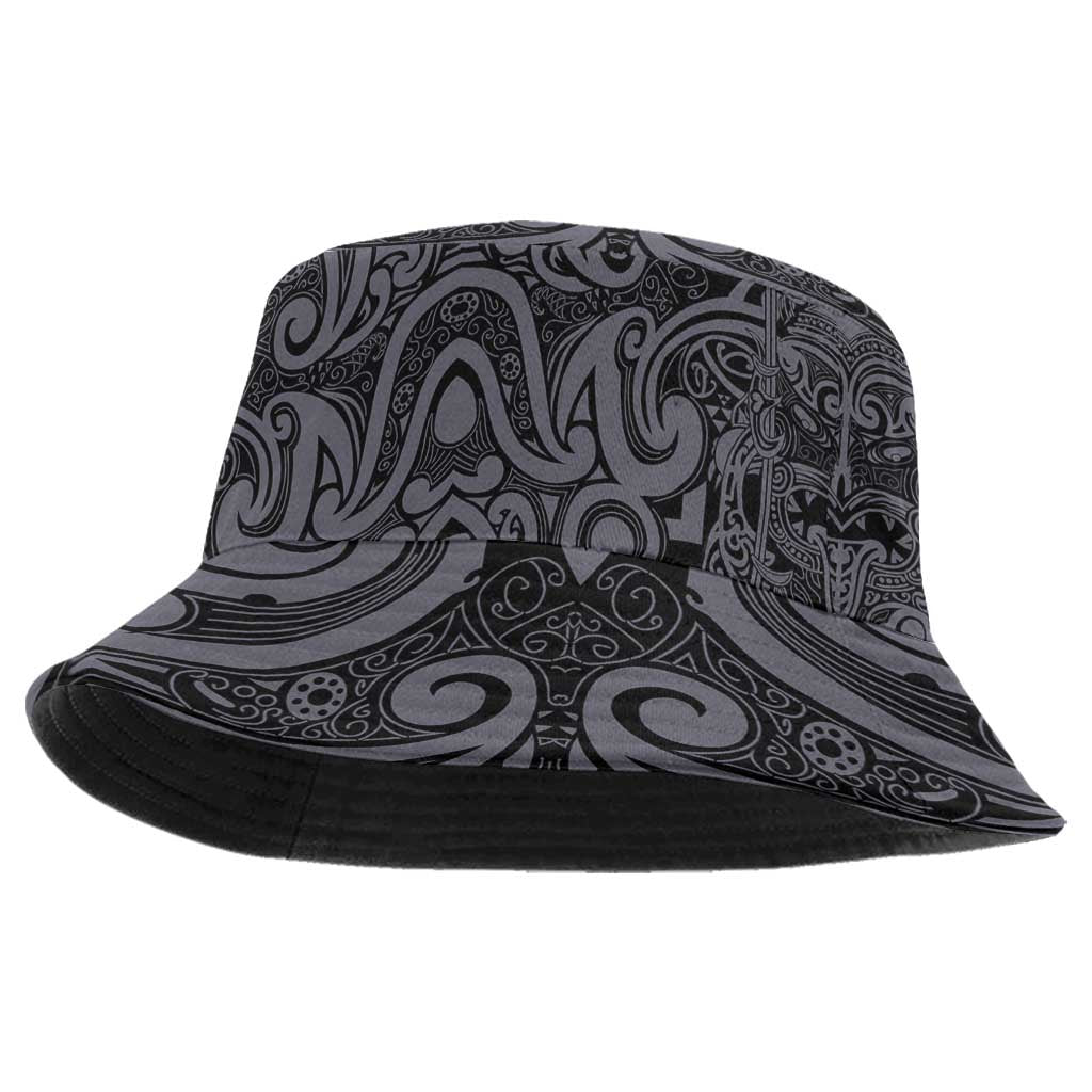 New Zealand Taiaha Maori Bucket Hat Minimalist Silver Fern All Black - Polynesian Pride