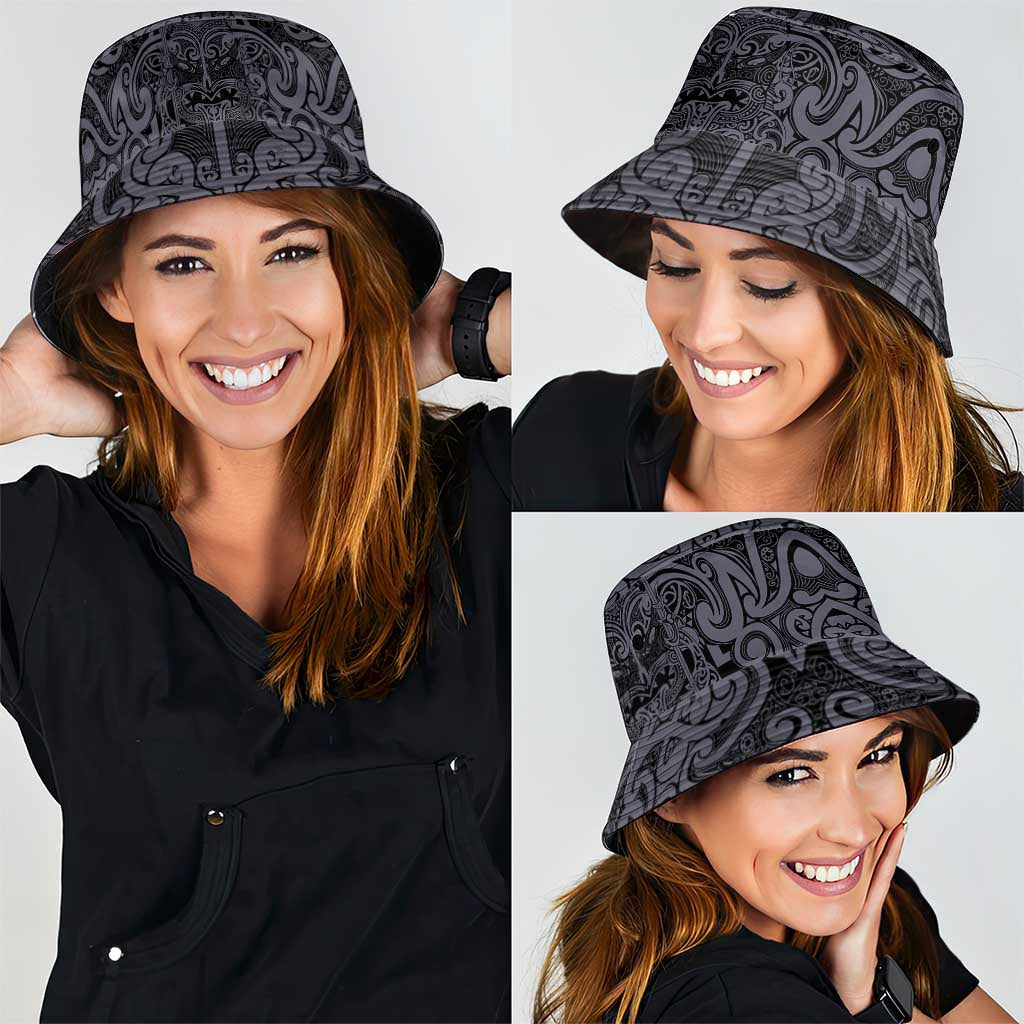 New Zealand Taiaha Maori Bucket Hat Minimalist Silver Fern All Black LT9