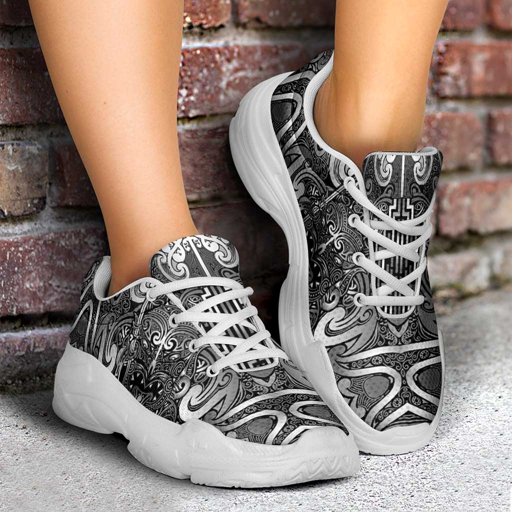 New Zealand Taiaha Maori Chunky Sneakers Kiwikiwi Minimalist Silver Fern Tukutuku Motif LT9 - Polynesian Pride