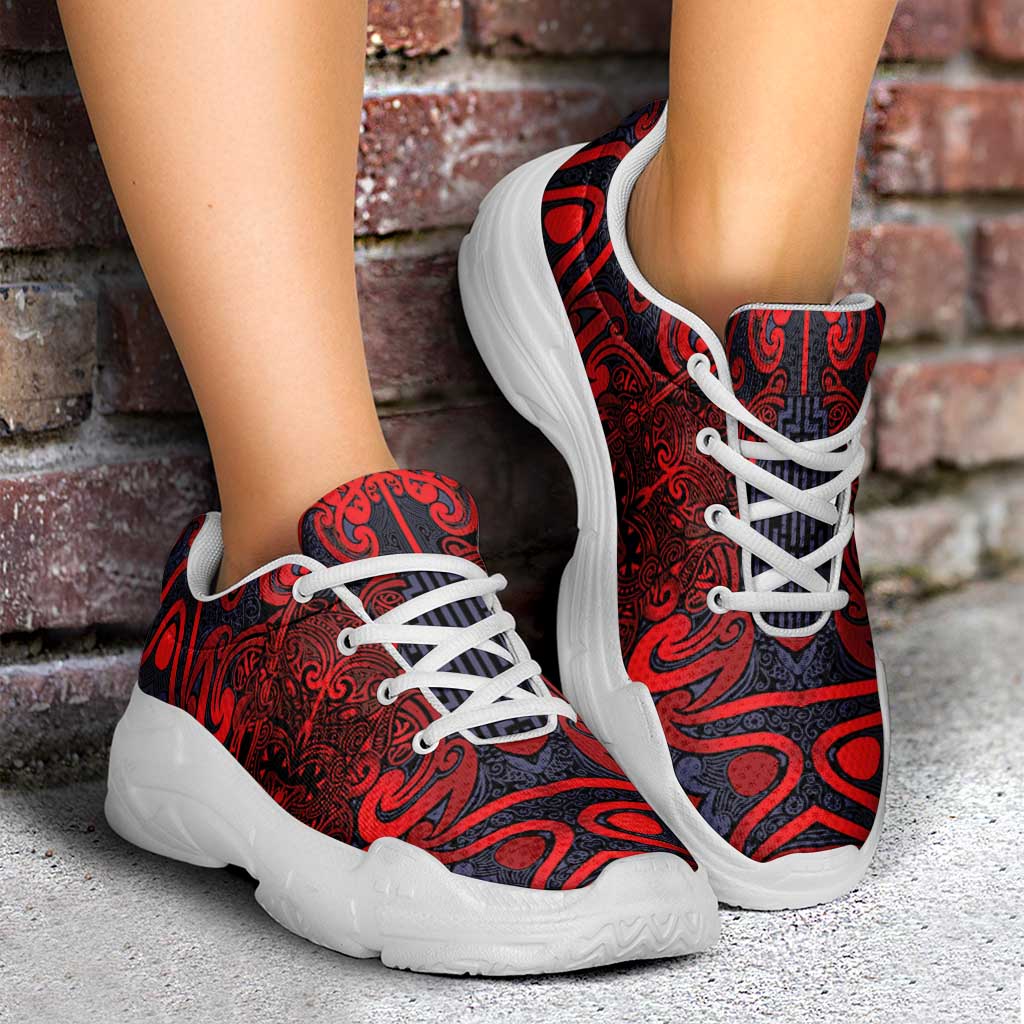 New Zealand Taiaha Maori Chunky Sneakers Whero Minimalist Silver Fern Tukutuku Motif LT9 - Polynesian Pride