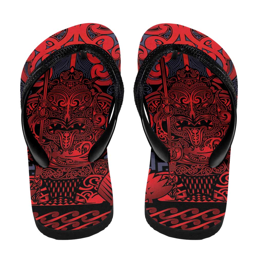 New Zealand Taiaha Maori Flip Flops Whero Minimalist Silver Fern Tukutuku Motif LT9 - Polynesian Pride