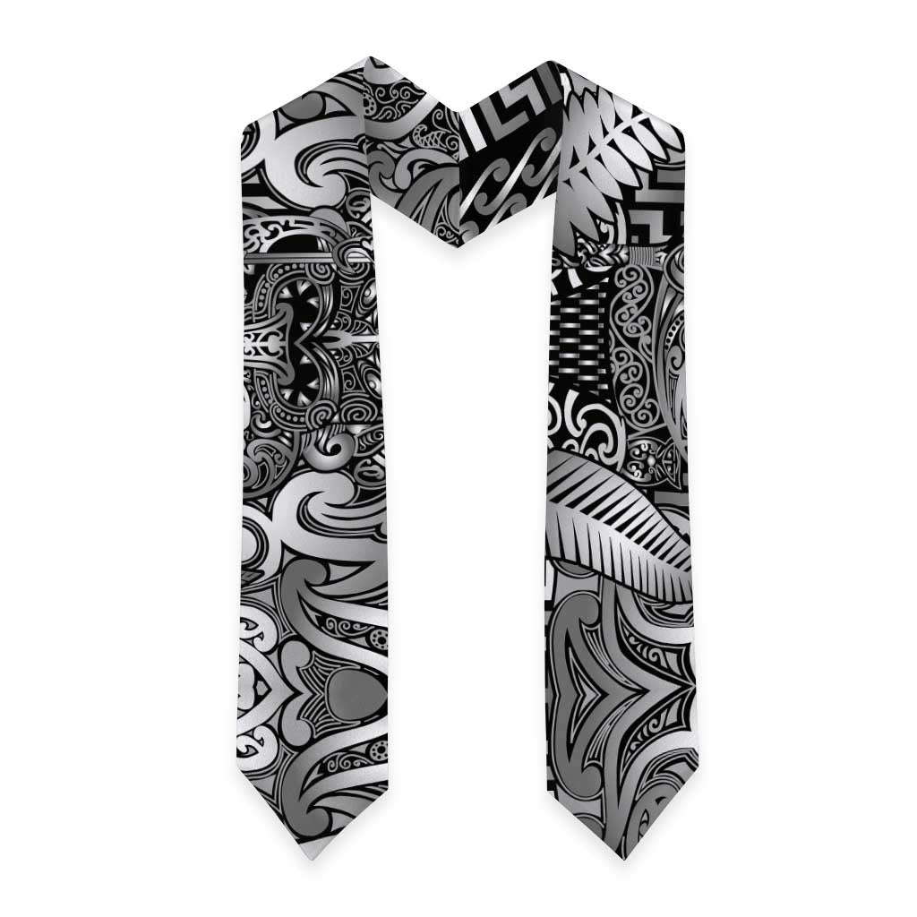 New Zealand Taiaha Maori Graduation Stole Kiwikiwi Minimalist Silver Fern Tukutuku Motif LT9 - Polynesian Pride