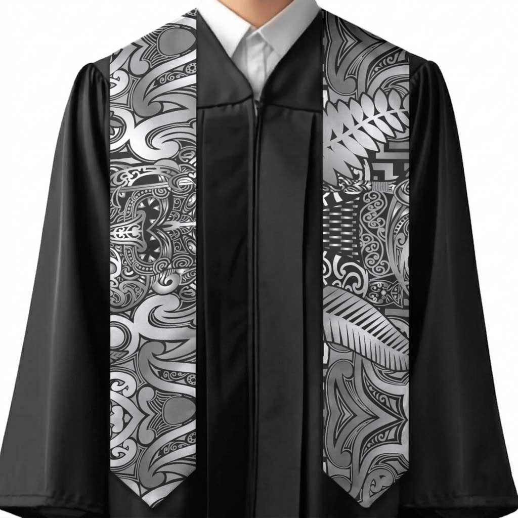 New Zealand Taiaha Maori Graduation Stole Kiwikiwi Minimalist Silver Fern Tukutuku Motif LT9 - Polynesian Pride