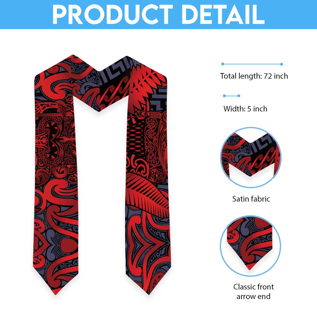 New Zealand Taiaha Maori Graduation Stole Whero Minimalist Silver Fern Tukutuku Motif LT9 - Polynesian Pride