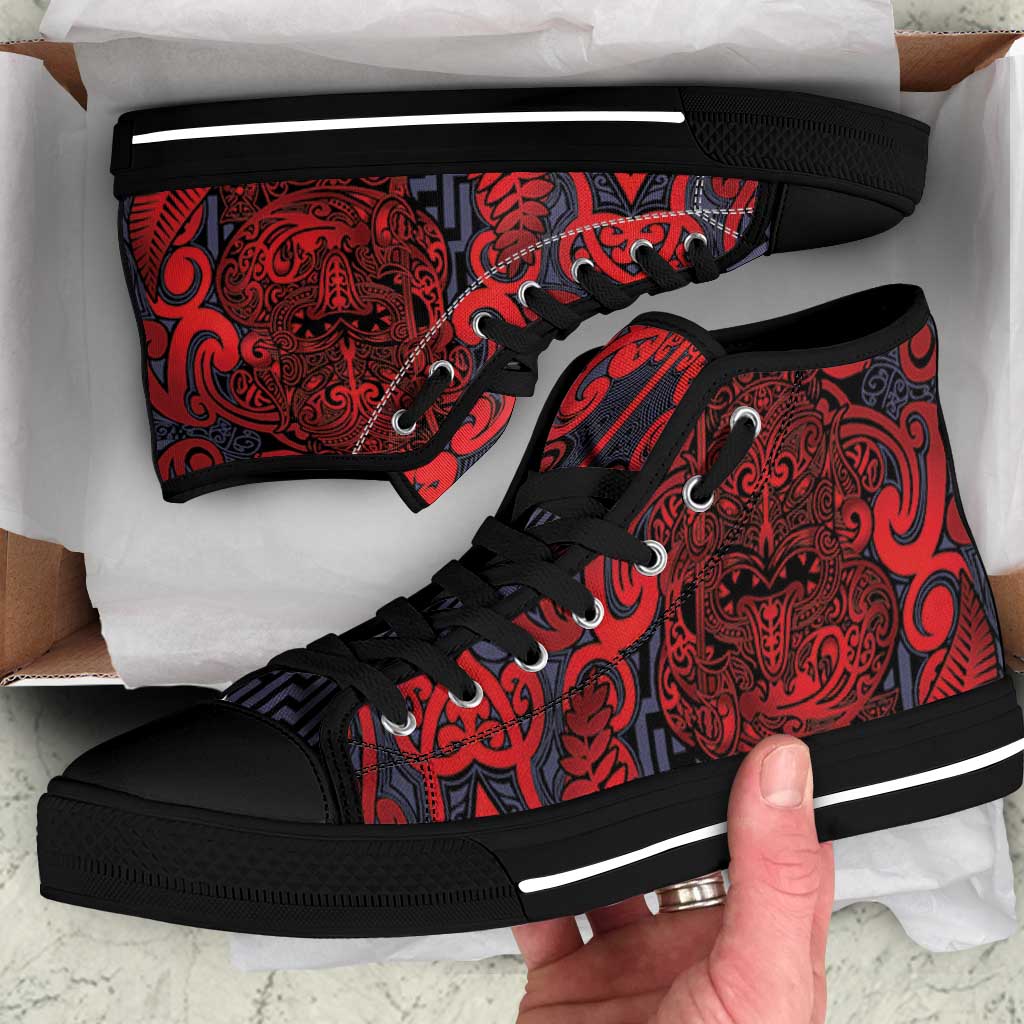 New Zealand Taiaha Maori High Top Shoes Whero Minimalist Silver Fern Tukutuku Motif LT9 Red - Polynesian Pride