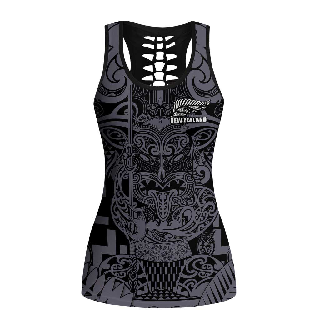 New Zealand Taiaha Maori Hollow Tank Top Minimalist Silver Fern All Black LT9 Female Black - Polynesian Pride