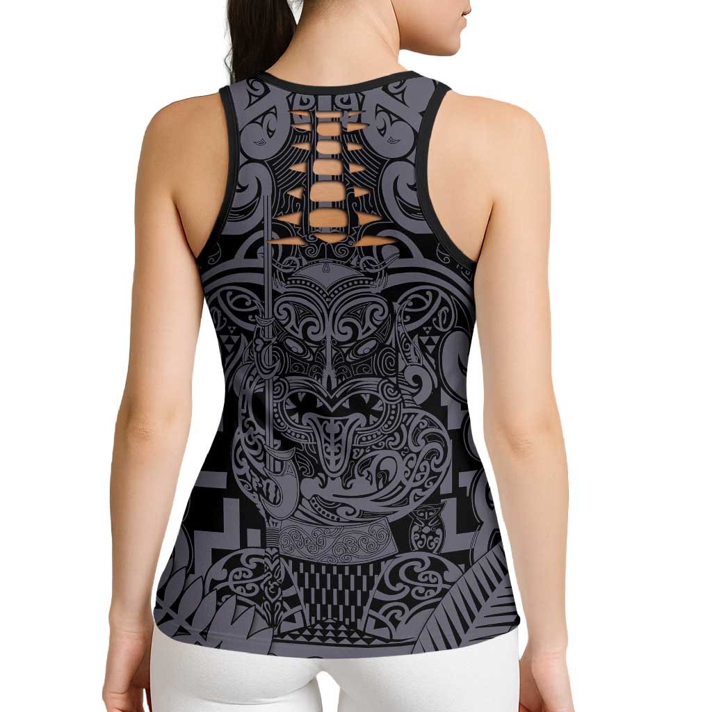 New Zealand Taiaha Maori Hollow Tank Top Minimalist Silver Fern All Black LT9 - Polynesian Pride