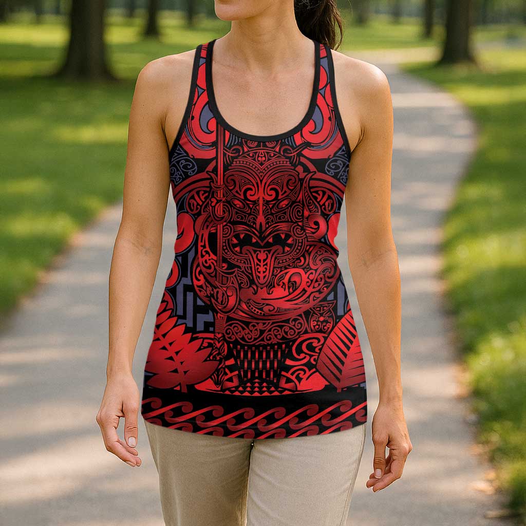 New Zealand Taiaha Maori Hollow Tank Top Whero Minimalist Silver Fern Tukutuku Motif LT9 - Polynesian Pride
