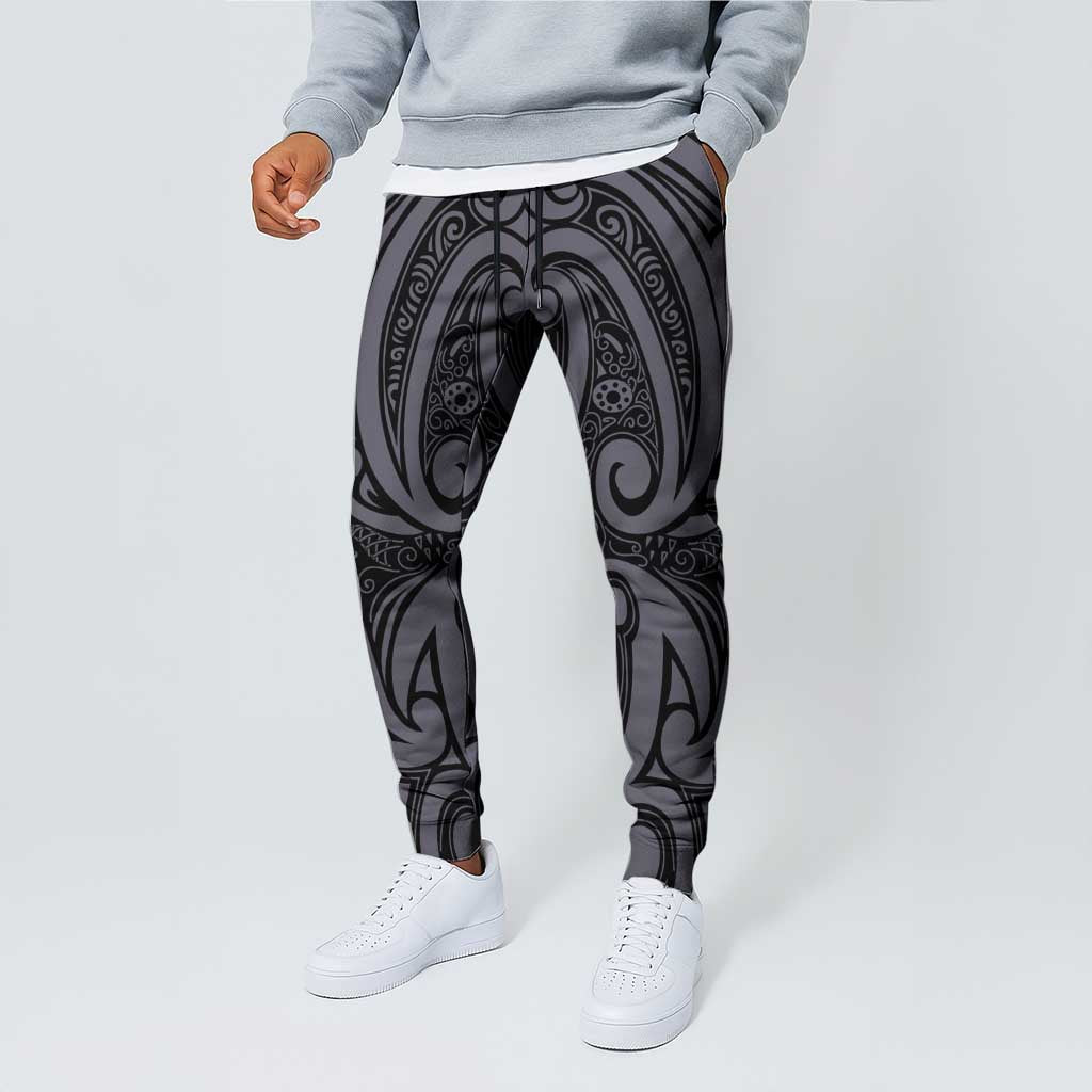 New Zealand Taiaha Maori Jogger Pants Minimalist Silver Fern All Black - Polynesian Pride