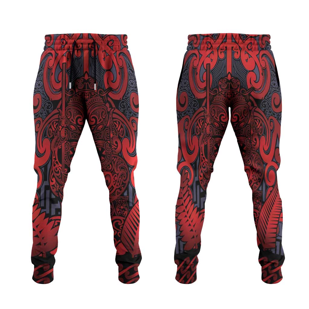 New Zealand Taiaha Maori Jogger Pants Whero Minimalist Silver Fern Tukutuku Motif LT9 Red - Polynesian Pride