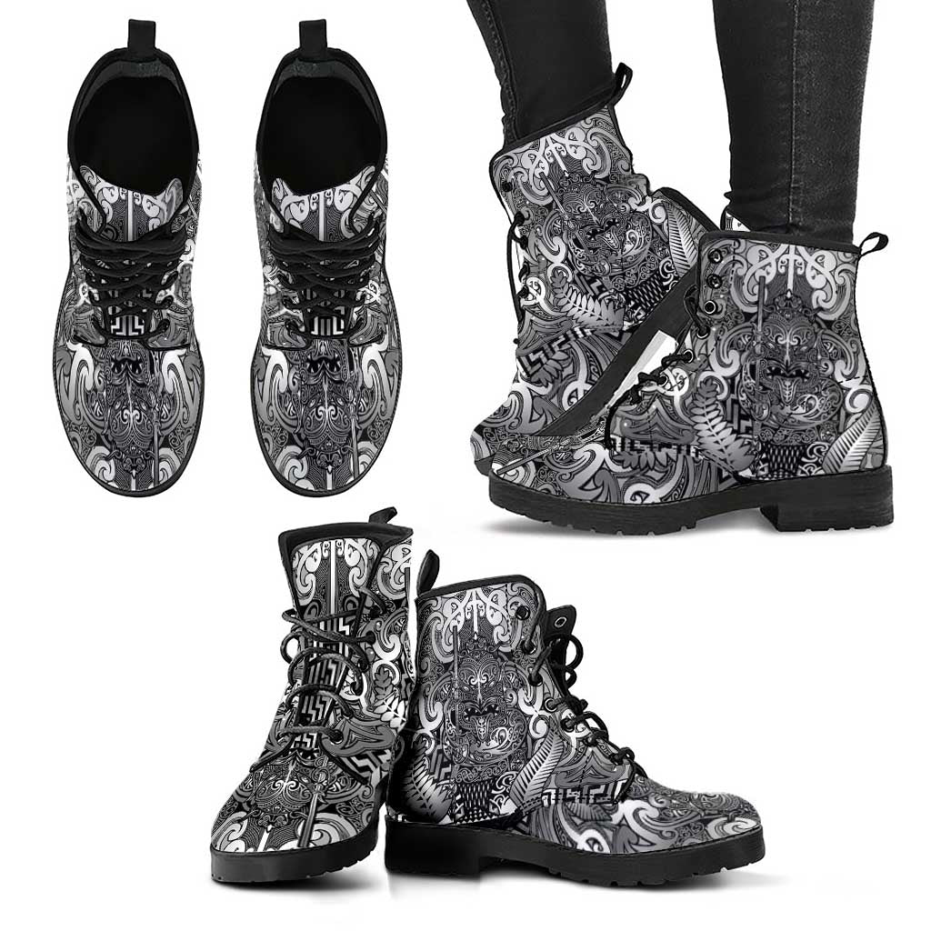 New Zealand Taiaha Maori Leather Boots Kiwikiwi Minimalist Silver Fern Tukutuku Motif LT9 - Polynesian Pride