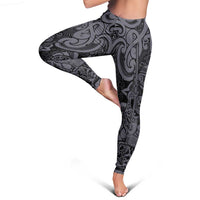 New Zealand Taiaha Maori Leggings Minimalist Silver Fern All Black LT9 - Polynesian Pride