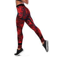New Zealand Taiaha Maori Leggings Whero Minimalist Silver Fern Tukutuku Motif LT9 Red - Polynesian Pride