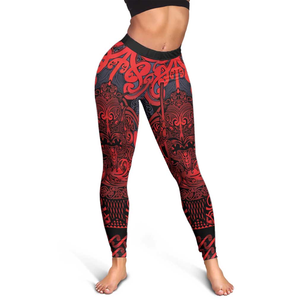 New Zealand Taiaha Maori Leggings Whero Minimalist Silver Fern Tukutuku Motif LT9 - Polynesian Pride