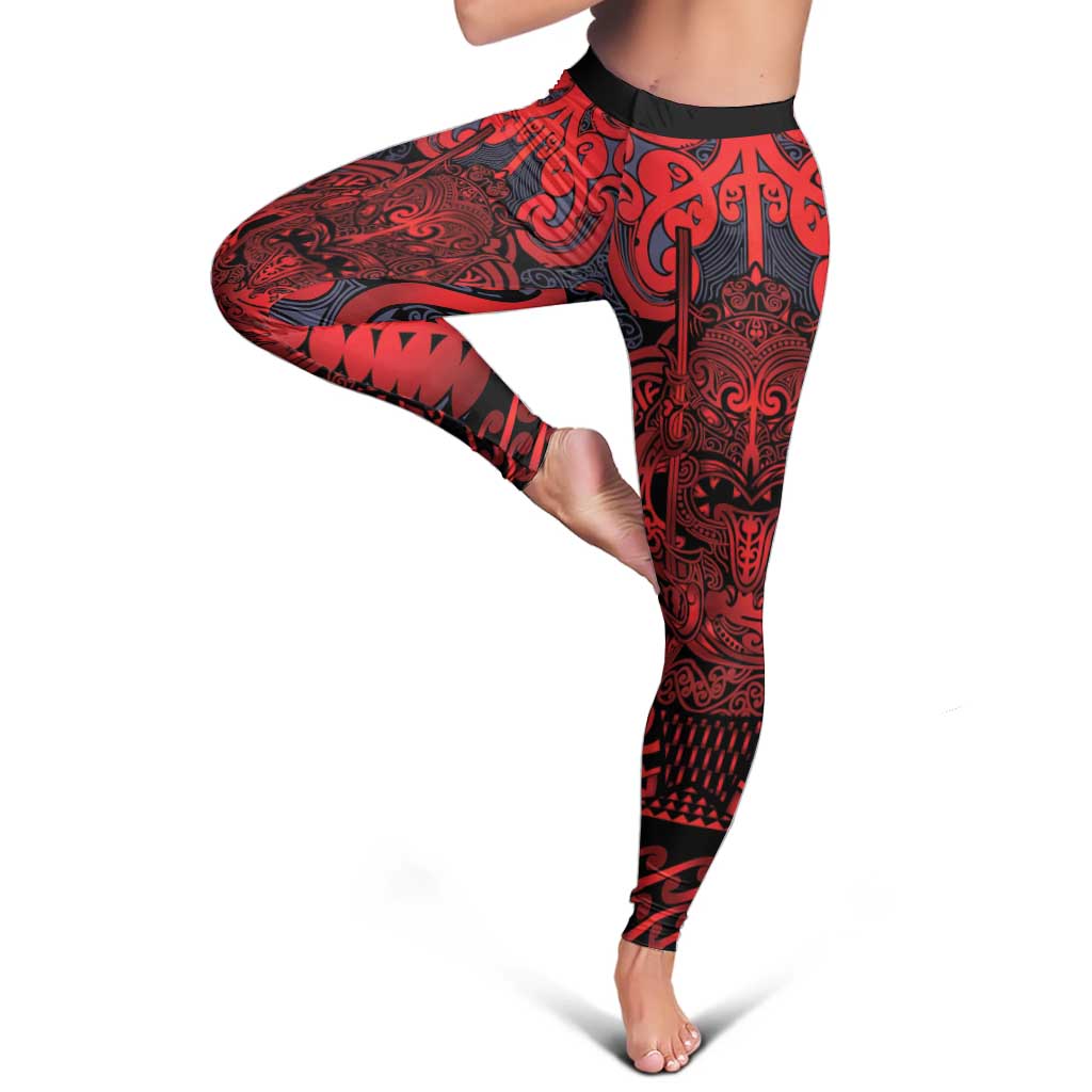 New Zealand Taiaha Maori Leggings Whero Minimalist Silver Fern Tukutuku Motif LT9 - Polynesian Pride