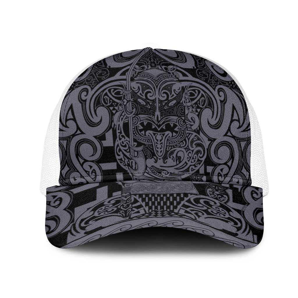 New Zealand Taiaha Maori Mesh Trucker Cap Minimalist Silver Fern All Black - Polynesian Pride