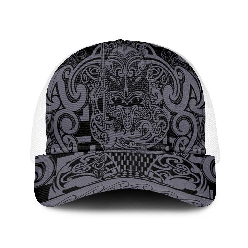 New Zealand Taiaha Maori Mesh Trucker Cap Minimalist Silver Fern All Black - Polynesian Pride