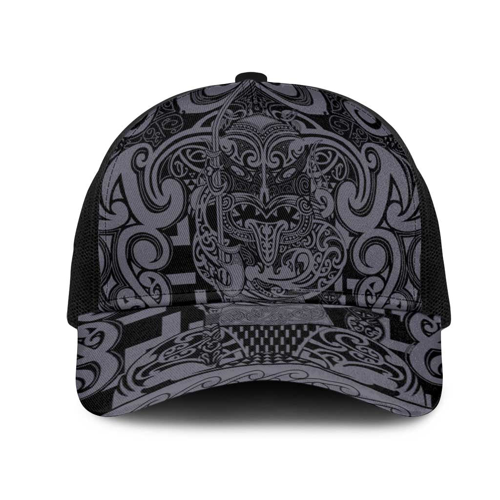 New Zealand Taiaha Maori Mesh Trucker Cap Minimalist Silver Fern All Black - Polynesian Pride