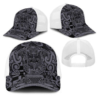 New Zealand Taiaha Maori Mesh Trucker Cap Minimalist Silver Fern All Black - Polynesian Pride
