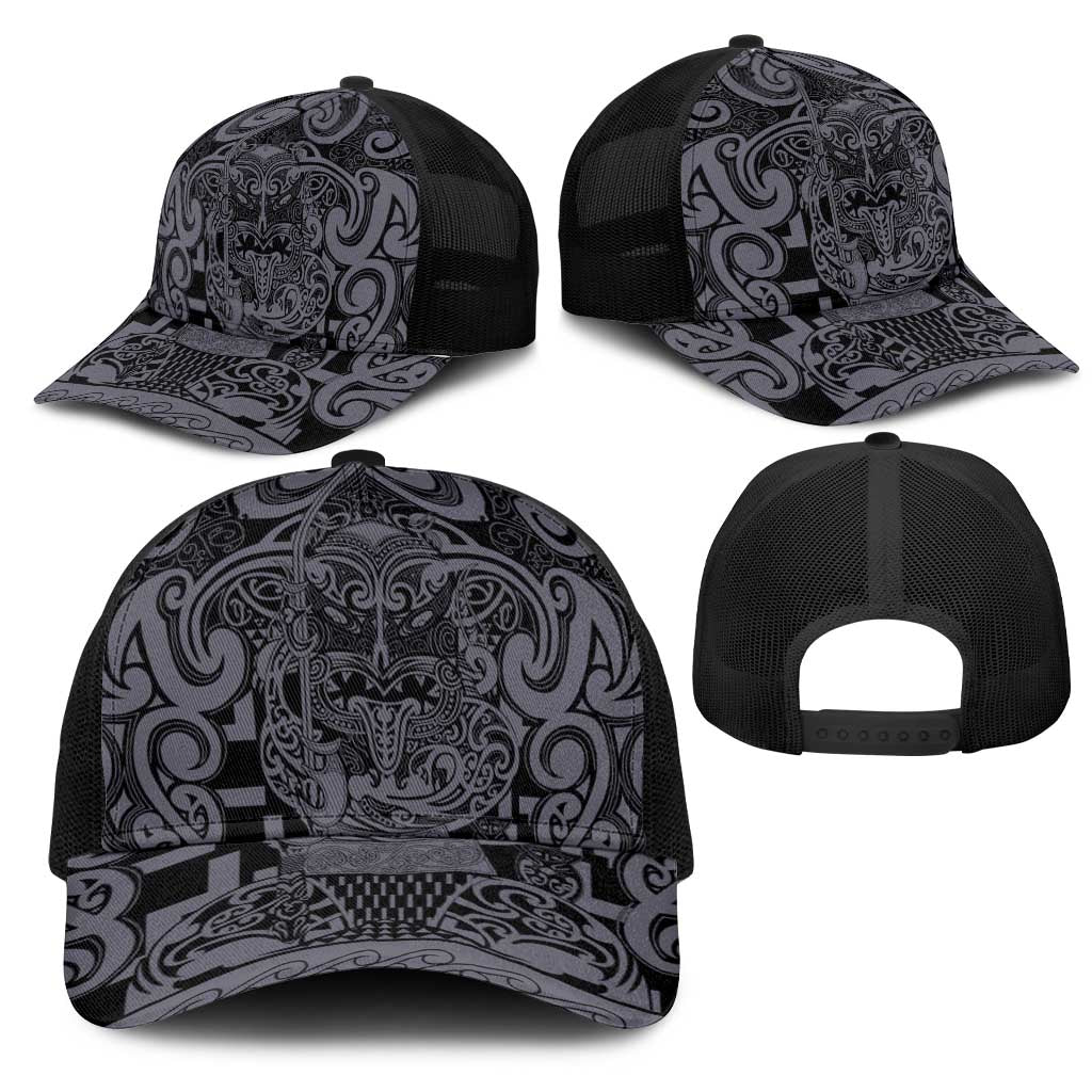 New Zealand Taiaha Maori Mesh Trucker Cap Minimalist Silver Fern All Black - Polynesian Pride