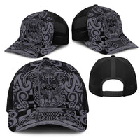 New Zealand Taiaha Maori Mesh Trucker Cap Minimalist Silver Fern All Black - Polynesian Pride