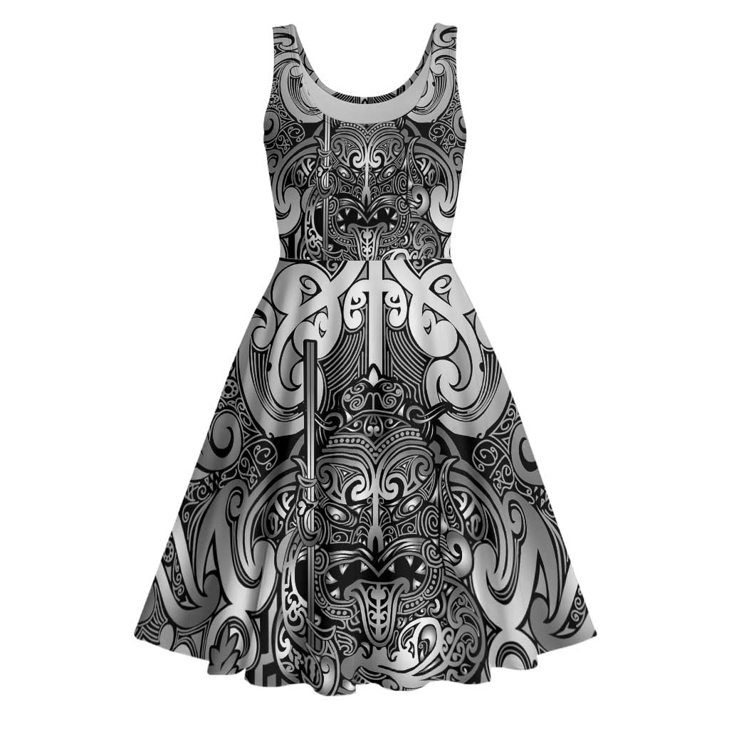 New Zealand Taiaha Maori Midi Dress Kiwikiwi Minimalist Silver Fern Tukutuku Motif LT9 White - Polynesian Pride
