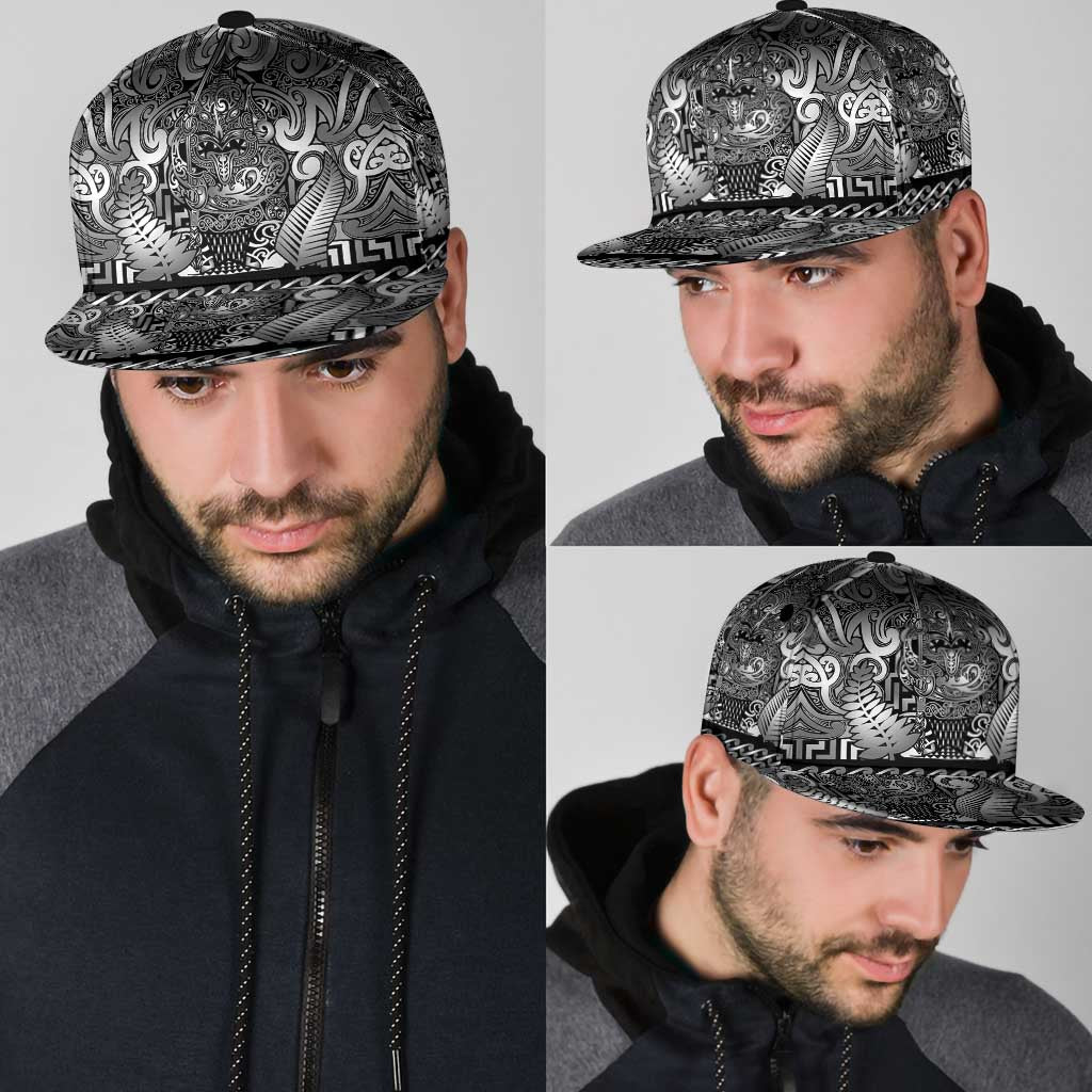New Zealand Taiaha Maori Snapback Cap Kiwikiwi Minimalist Silver Fern Tukutuku Motif LT9 - Polynesian Pride