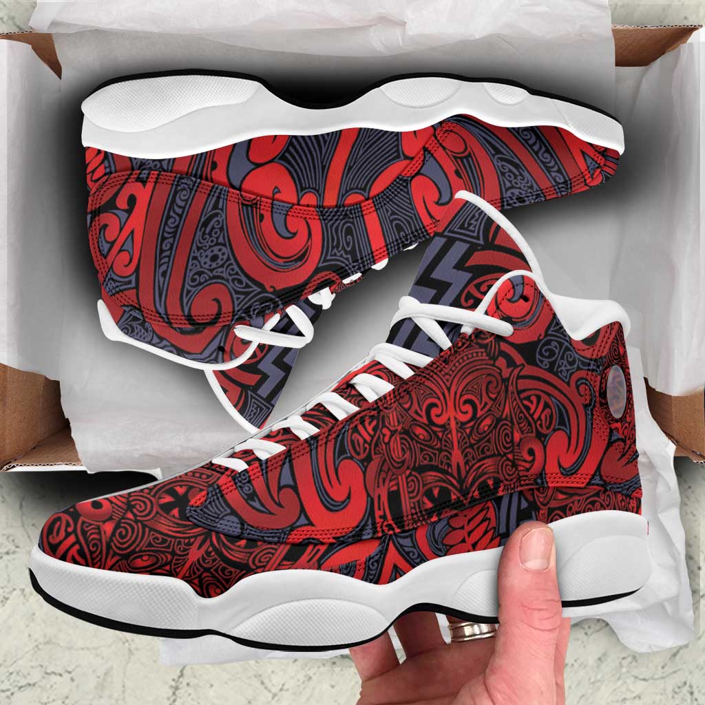 New Zealand Taiaha Maori Sneakers J13 Whero Minimalist Silver Fern Tukutuku Motif LT9 Red - Polynesian Pride