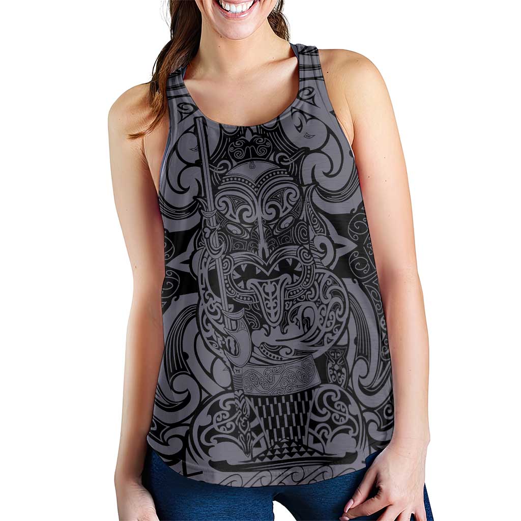 New Zealand Taiaha Maori Women Racerback Tank Minimalist Silver Fern All Black LT9 - Polynesian Pride