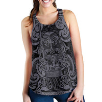 New Zealand Taiaha Maori Women Racerback Tank Minimalist Silver Fern All Black LT9 - Polynesian Pride