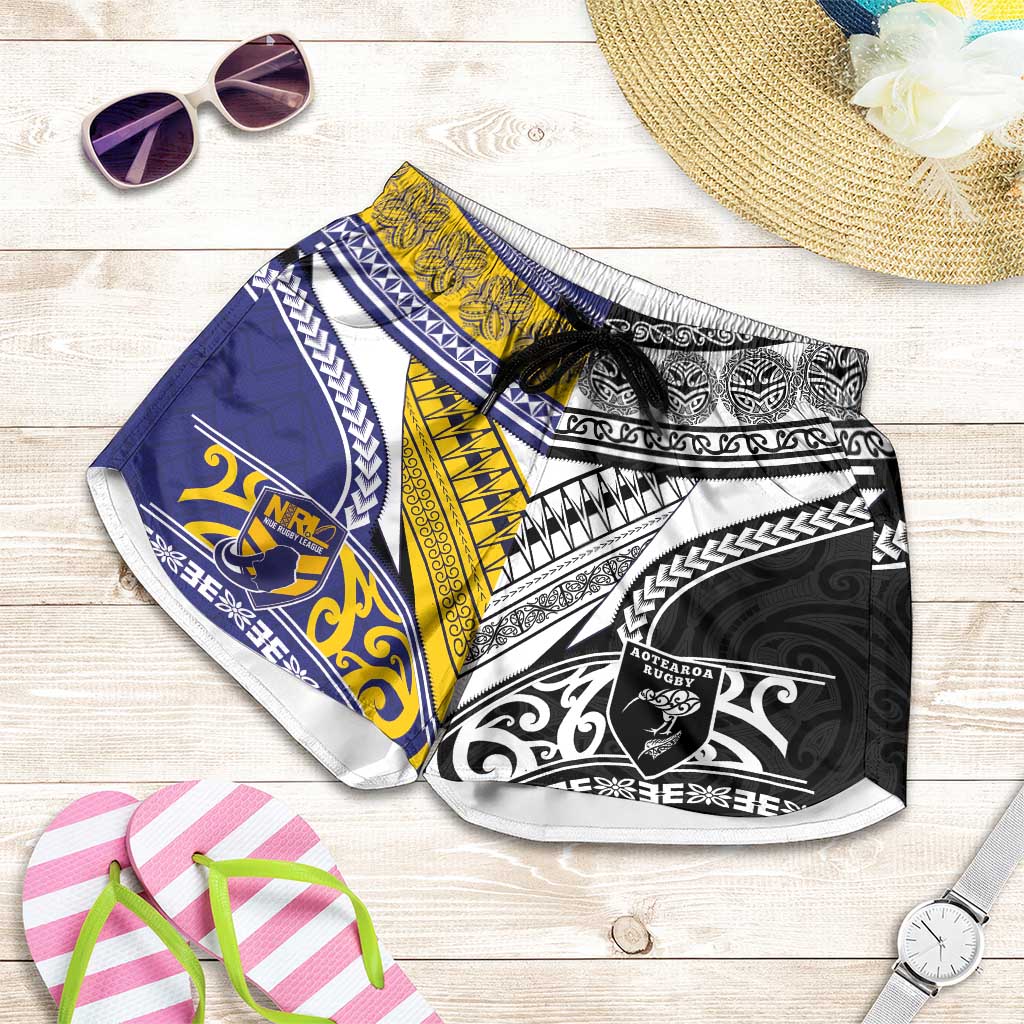 Niue and Aotearoa Rugby Shorts for Women Hiapo with Maori Moko Tribal Heritage Tattoos - Polynesian Pride