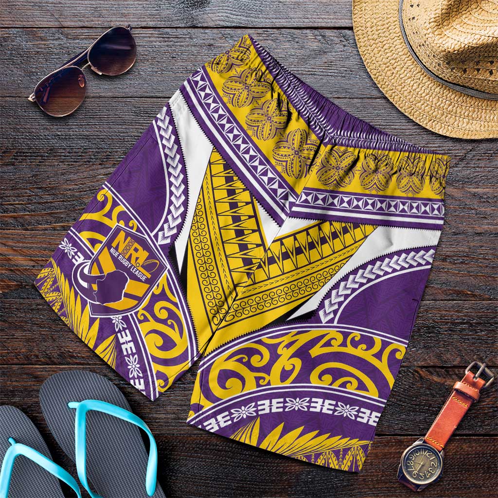 Niue Rugby Shorts for Men Hiapo Tribal Heritage Tattoos Purple Color - Polynesian Pride