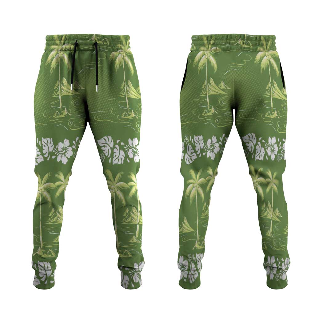 Olive Green Hawaii Palm Tree Hibiscus Jogger Pants Fantasy Summer Vibe LT01 Olive - Polynesian Pride