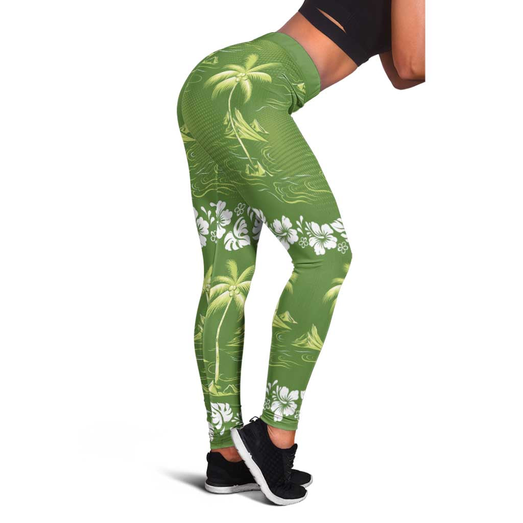 Olive Green Hawaii Palm Tree Hibiscus Leggings Fantasy Summer Vibe LT01 - Polynesian Pride